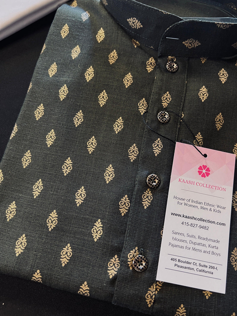 Black Color Premium Pure Cotton Kurta Pajama Set for Men with small Self design Gold Buttis | Cotton Men Kurtas | Soft Kurtas | Kaash Kurtas - Kaash Collection