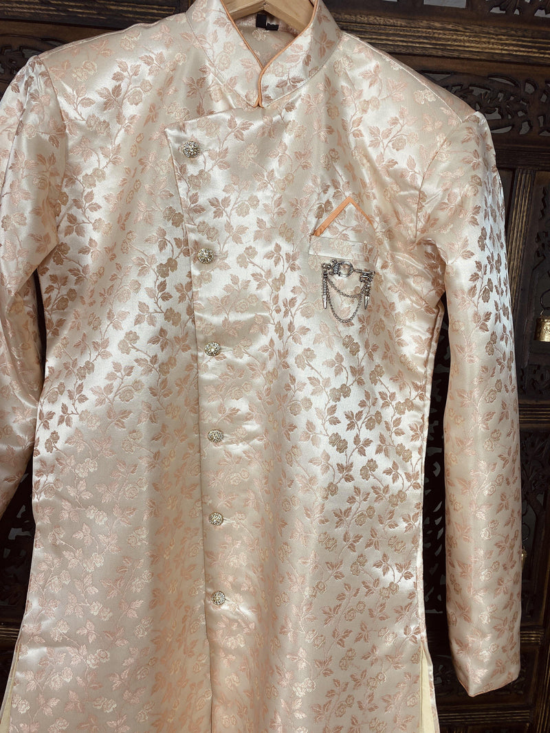 Peach Floral Indo-Western Men Silk Outfit with a balloon Bottom | Mens Ethnic Wear | Indo-Western for Men | Kaash Collection - Kaash Collection