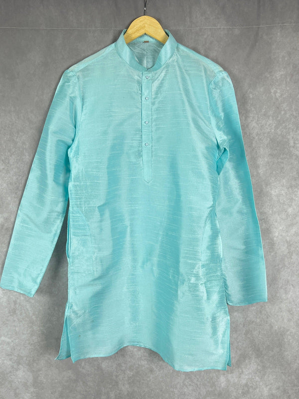 Sea Blue Color Raw Silk Indian Men Short Kurta | Mens Ethnic Wear | Kurtas | Short Kurta for Men | Kaash Kurta for Men | Pastel Color Kurta - Kaash Collection