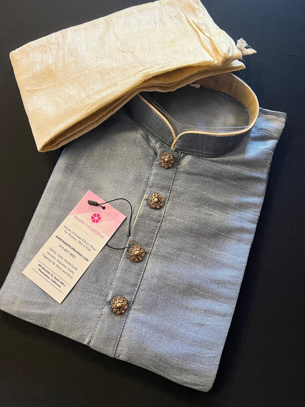 Sliver Grey Silk Men Kurta Pajama Set with Antique Buttons  | Mens Ethnic Wear| Indian and Pakistani Mens Wear | Men Silk Kurtas | Kaash - Kaash Collection