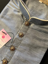 Sliver Grey Silk Men Kurta Pajama Set with Antique Buttons  | Mens Ethnic Wear| Indian and Pakistani Mens Wear | Men Silk Kurtas | Kaash - Kaash Collection