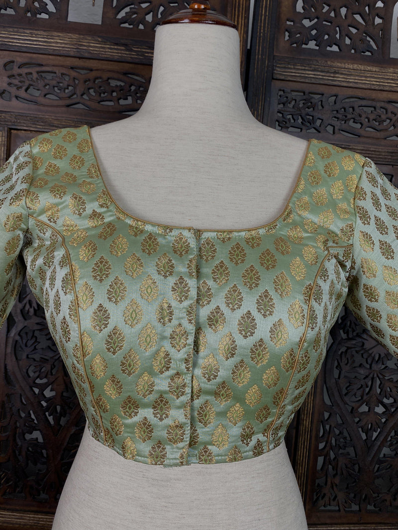 Pista Green with Gold Muted Buttis Pure Banarasi Silk Ready to Wear Blouse | Size 40 and 42 | Readymade Blouses | Kaash Collection - Kaash Collection