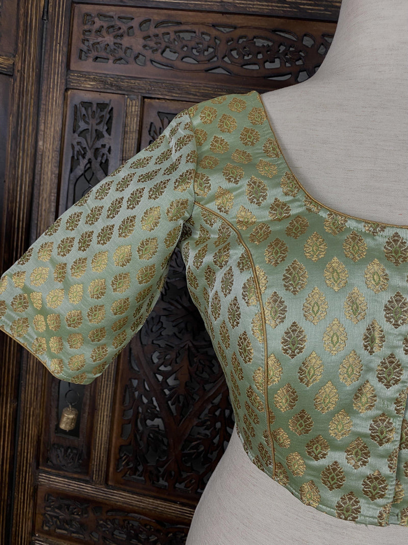 Pista Green with Gold Muted Buttis Pure Banarasi Silk Ready to Wear Blouse | Size 40 and 42 | Readymade Blouses | Kaash Collection - Kaash Collection