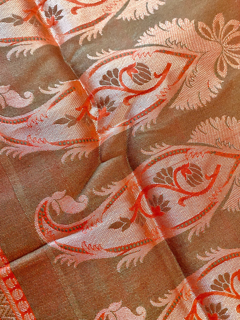 Pumpkin Orange Semi Silk Cotton Alfi Banarasi Saree | Zari, Motifis & Grand Pallu - Kaash Collection