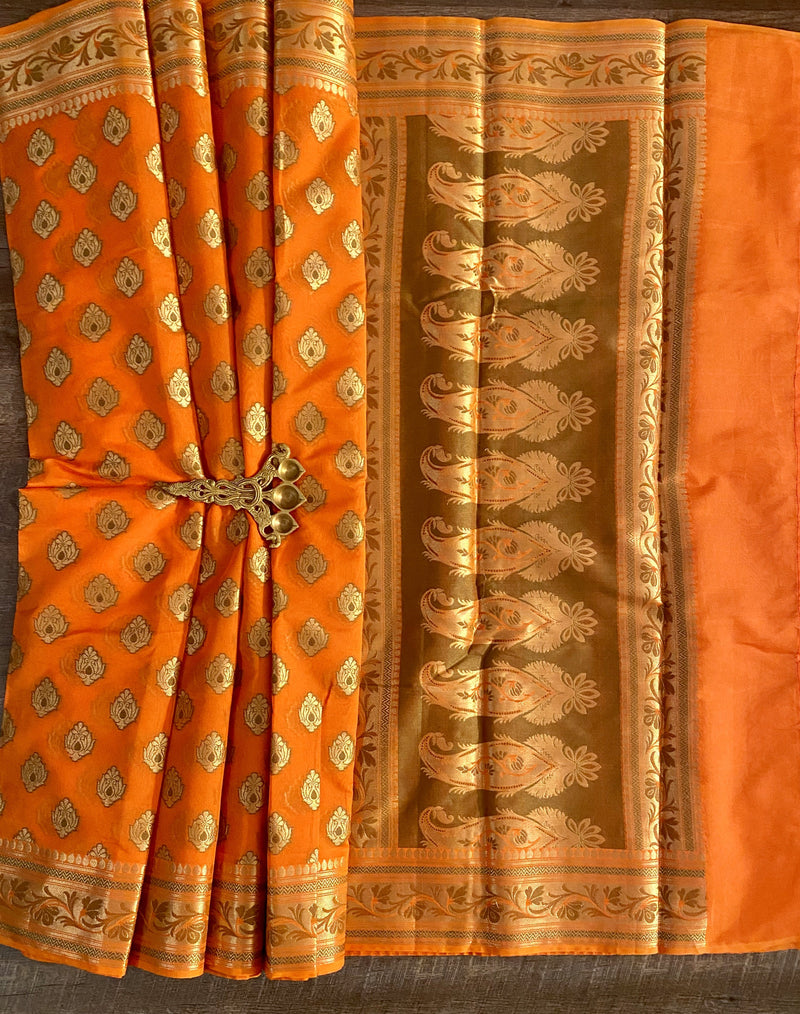 Pumpkin Orange Semi Silk Cotton Alfi Banarasi Saree | Zari, Motifis & Grand Pallu - Kaash Collection