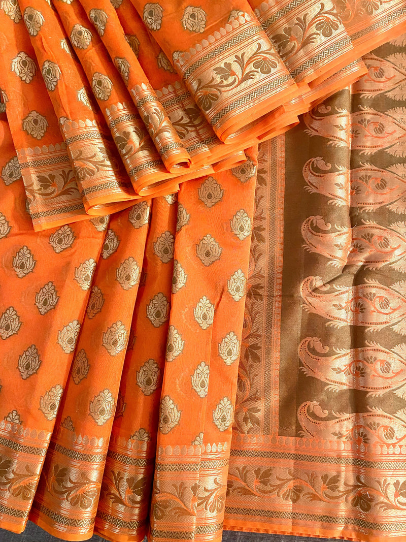 Pumpkin Orange Semi Silk Cotton Alfi Banarasi Saree | Zari, Motifis & Grand Pallu - Kaash Collection