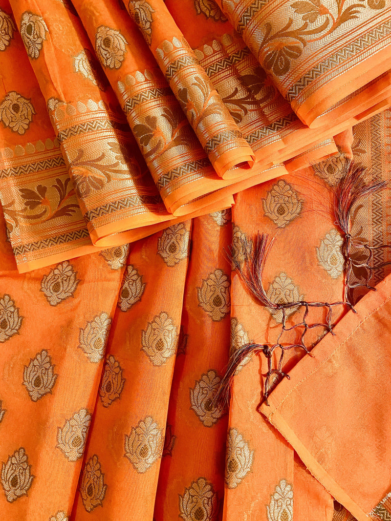 Pumpkin Orange Semi Silk Cotton Alfi Banarasi Saree | Zari, Motifis & Grand Pallu - Kaash Collection