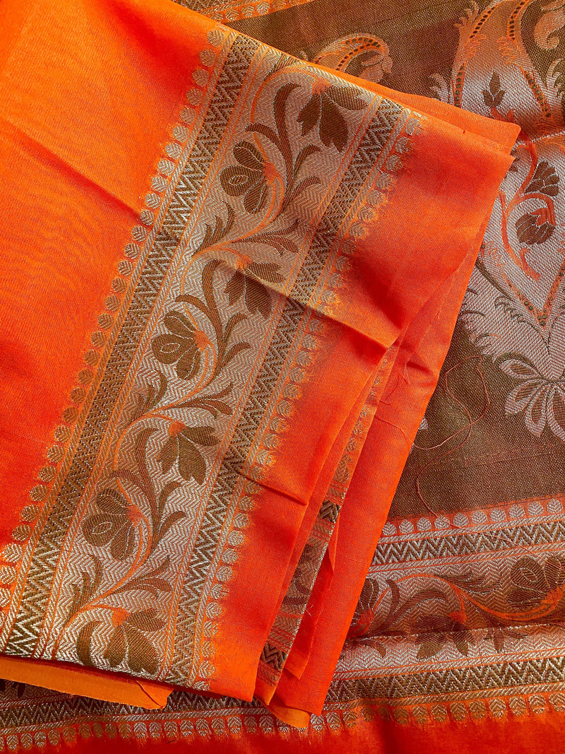 Pumpkin Orange Semi Silk Cotton Alfi Banarasi Saree | Zari, Motifis & Grand Pallu - Kaash Collection