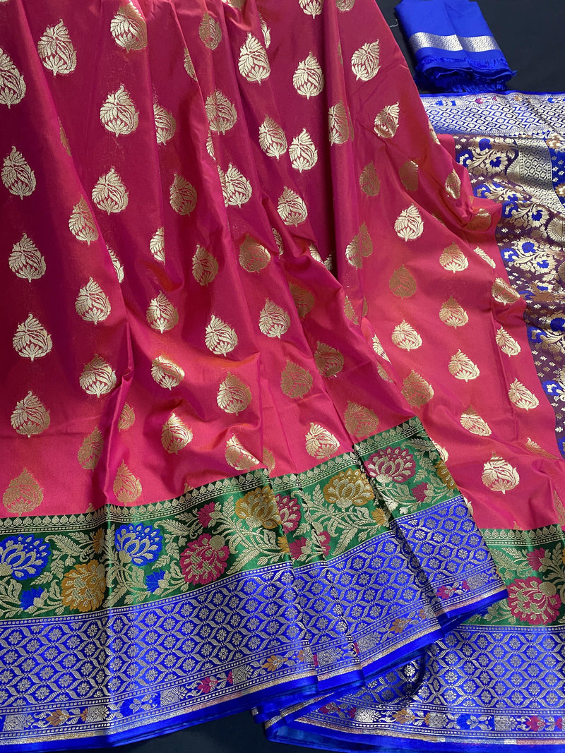 Magenta with a tint of Peach with Bottle Green and Blue Traditional Banarasi Handloom Saree | Soft Silk Saree | Kaash Collection - Kaash Collection