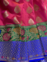 Magenta with a tint of Peach with Bottle Green and Blue Traditional Banarasi Handloom Saree | Soft Silk Saree | Kaash Collection - Kaash Collection