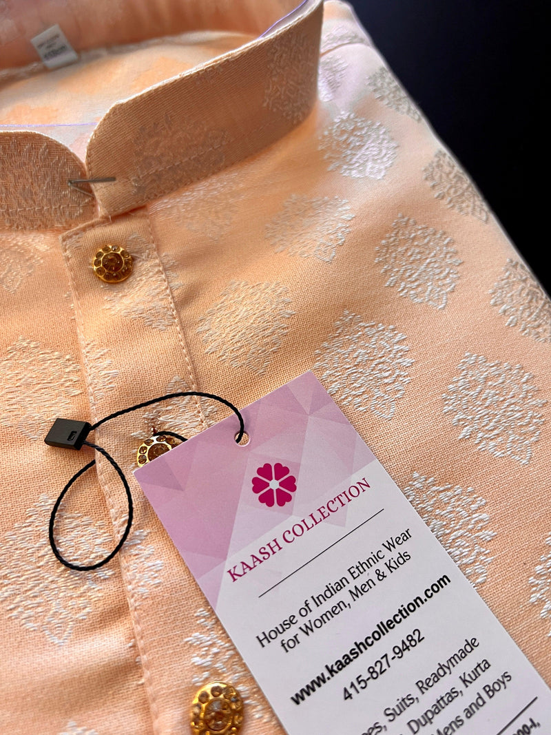 Pastel Light Peach Men Kurta Pajama Set with Floral Buttas Weaving design | Mens Ethnic Wear| Designer Men Kurta - Kaash Collection