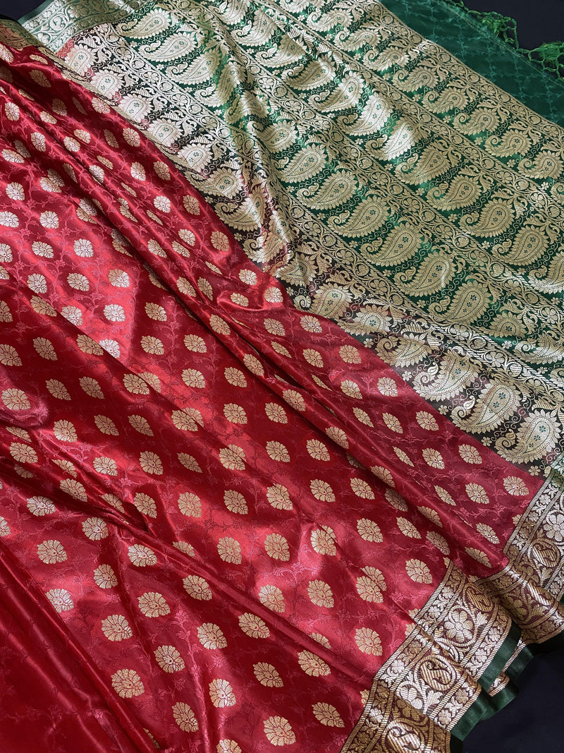Red with Green combination Banarasi Tanchoi Half n Half Saree Silk Handloom Saree | Zari Weaving with Motifs | Kaash Collection - Kaash Collection