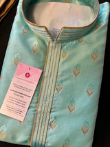 Sea Green Soft Raw Silk Men Kurta Pajama Set with Zari Embroidery design - Kaash Collection