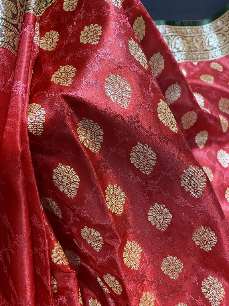 Red with Green combination Banarasi Tanchoi Half n Half Saree Silk Handloom Saree | Zari Weaving with Motifs | Kaash Collection - Kaash Collection