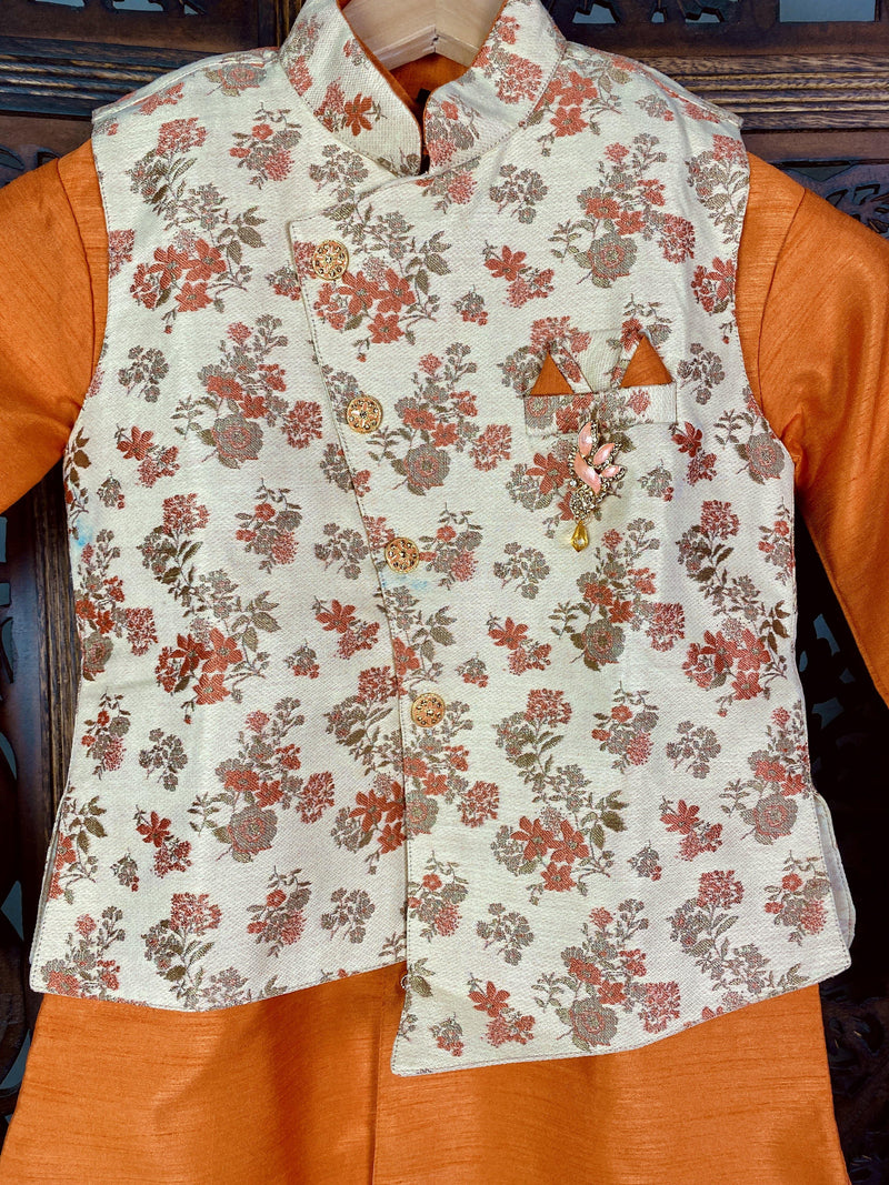 Boys 3pcs Kurta Pajama with Jacket in Floral Pattern | Kids Wear | Boys Ethnic Wear | Boys Kurta Pajama | Kaash Collection - Kaash Collection