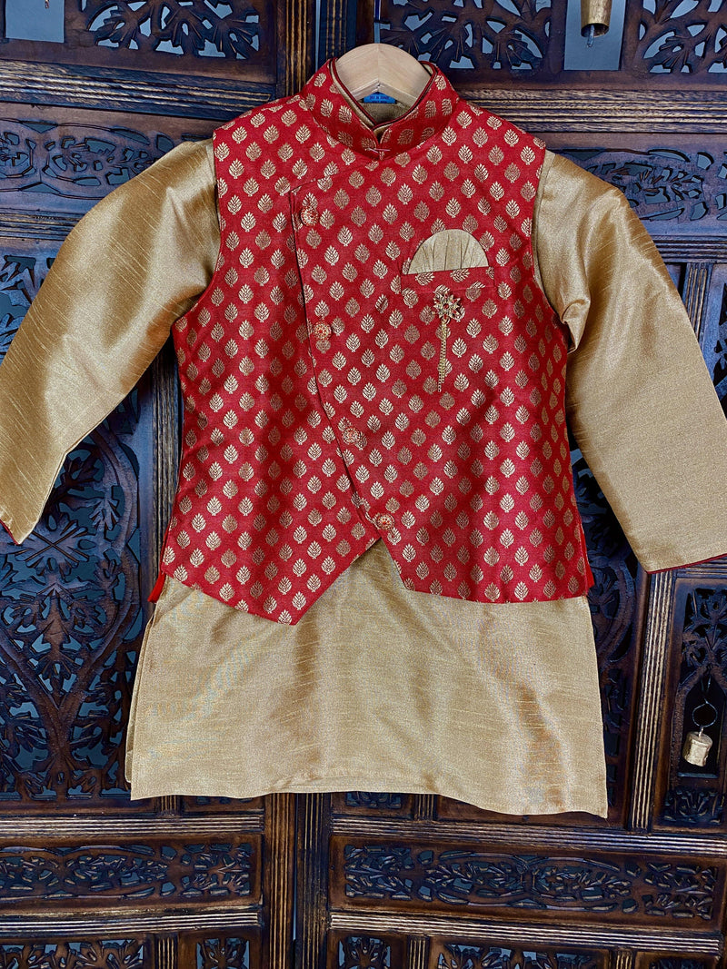 Boys 3pcs Kurta Pajama with Banarasi Soft Silk Jacket with Buttis  | Kids Wear | Boys Ethnic Wear | Boys Kurta Pajama | Kaash Collection - Kaash Collection