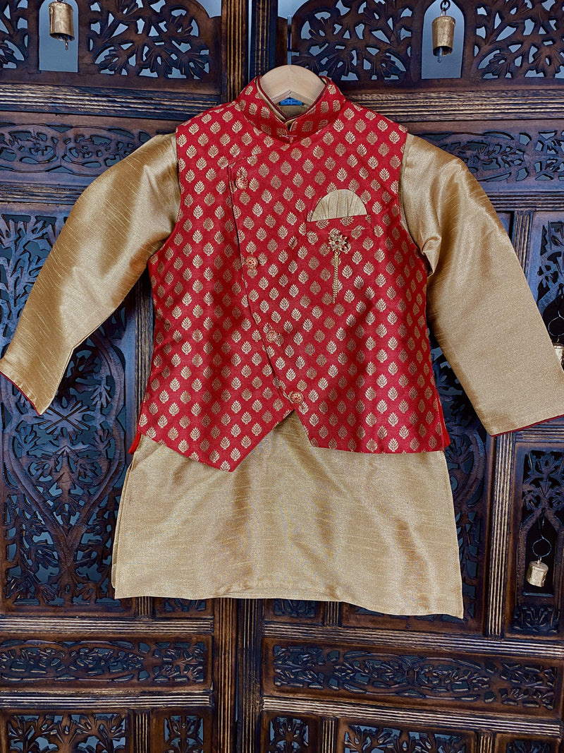 Boys 3pcs Kurta Pajama with Banarasi Soft Silk Jacket with Buttis  | Kids Wear | Boys Ethnic Wear | Boys Kurta Pajama | Kaash Collection - Kaash Collection