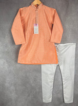 Peach Soft Silk Kurta Pajama for Boys in Self Embroidery, mirror & Zari Work | Kids Festive Wear | Kids Wear | Boys Ethnic Wear | Kids Wear - Kaash Collection