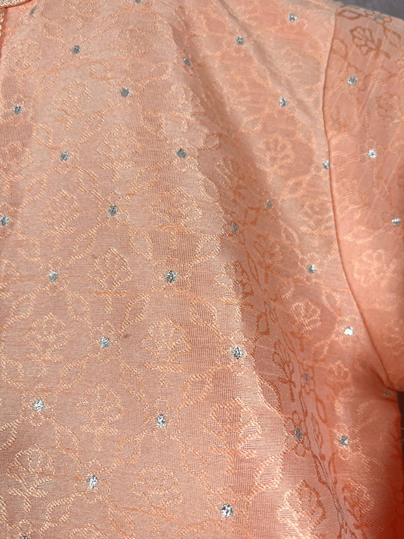 Peach Soft Silk Kurta Pajama for Boys in Self Embroidery, mirror & Zari Work | Kids Festive Wear | Kids Wear | Boys Ethnic Wear | Kids Wear - Kaash Collection