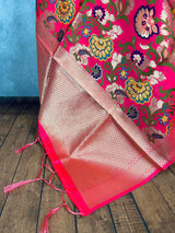 Rani Pink Paithani Style Floral Semi Banarasi Silk Dupatta | Grand Borders | Floral Dupatta | Benarasi Dupatta | Gift For Her - Kaash Collection