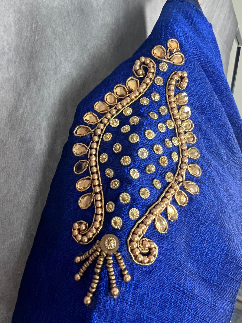 Royal Blue Silk Ready to Wear Blouse | Handwork Blouses | Padded Blouse | Size - 36 | Readymade Saree Blouses - Kaash Collection