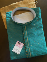 Teal Green Raw Silk Men Kurta Pajama with Self Design material with small Zari Weave butti | Mens Ethnic Wear | Kaash Collection - Kaash Collection