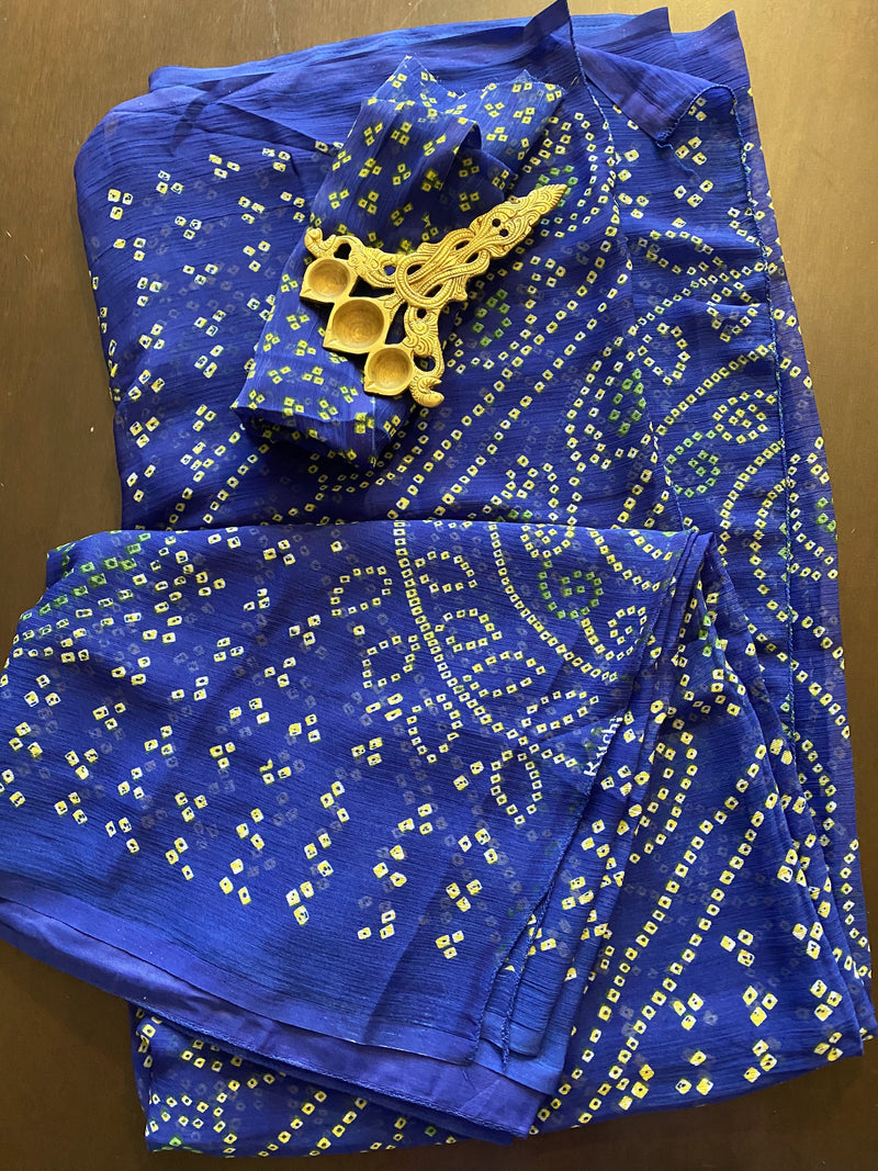 Blue Chiffon Printed Bandhani/Bandhej Saree | Weightless Saree - Kaash Collection