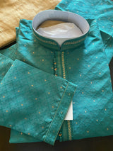 Teal Green Raw Silk Men Kurta Pajama with Self Design material with small Zari Weave butti | Mens Ethnic Wear | Kaash Collection - Kaash Collection