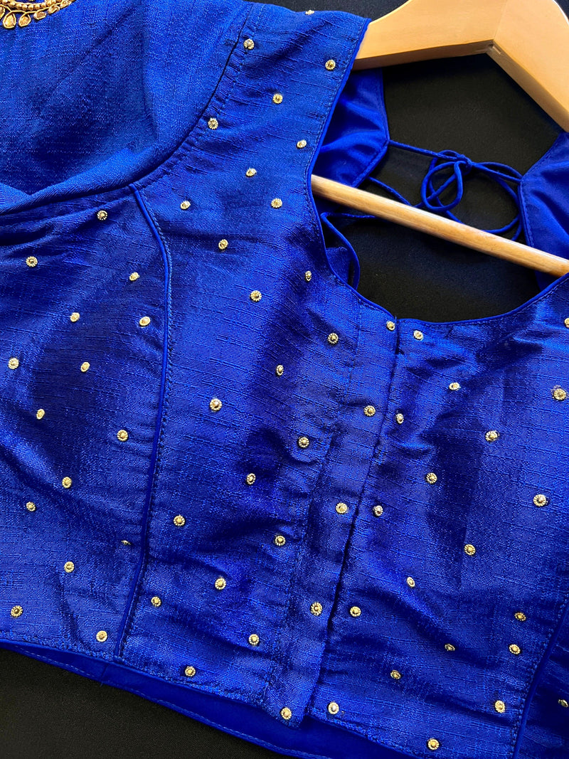 Royal Blue Silk Ready to Wear Blouse | Handwork Blouses | Padded Blouse | Size - 36 | Readymade Saree Blouses - Kaash Collection