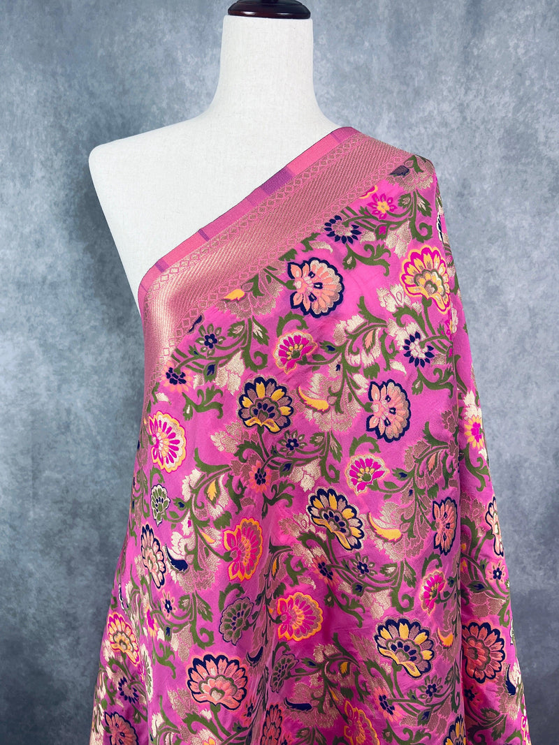 Baby Pink Color Paithani Style Floral Semi Banarasi Silk Dupatta | Meenakari Work | Floral Dupatta | Benarasi Dupatta | Gift For Her | Kaash - Kaash Collection
