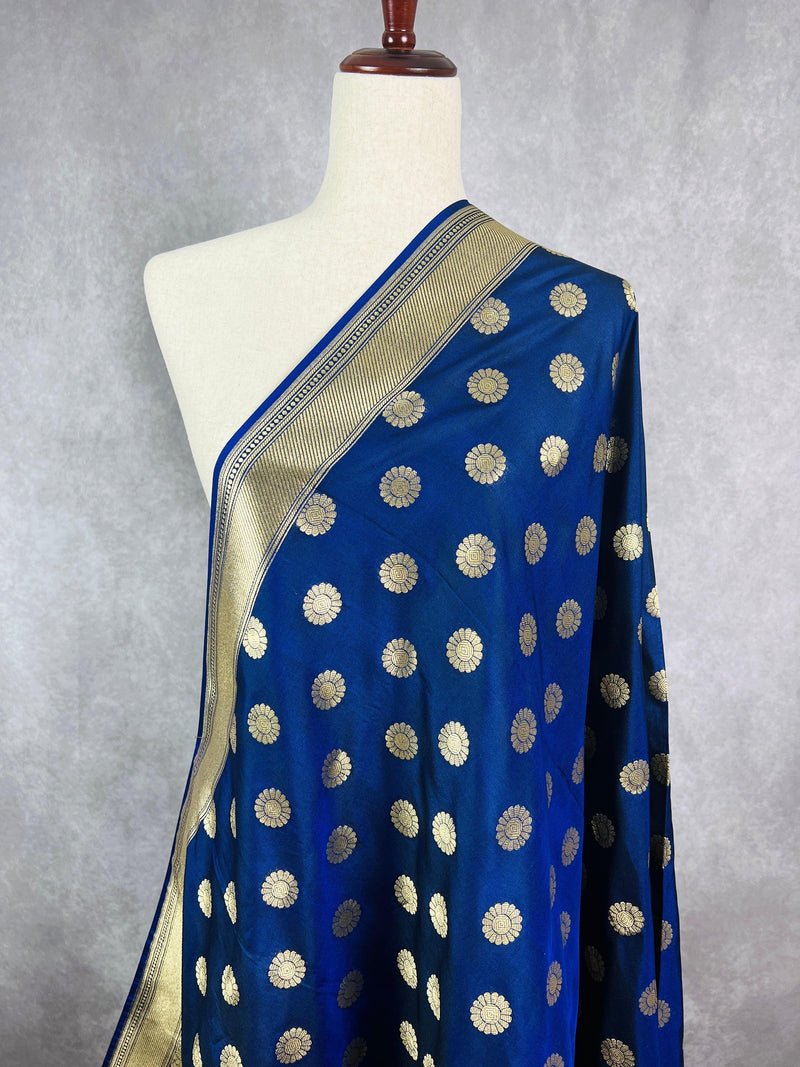 Blue Color Handmade Soft Silk Zari Weaved Dupatta with Chakras with Grand Flower Borders | Indian Dupatta | Gift For Her | Lehengas dupatta - Kaash Collection