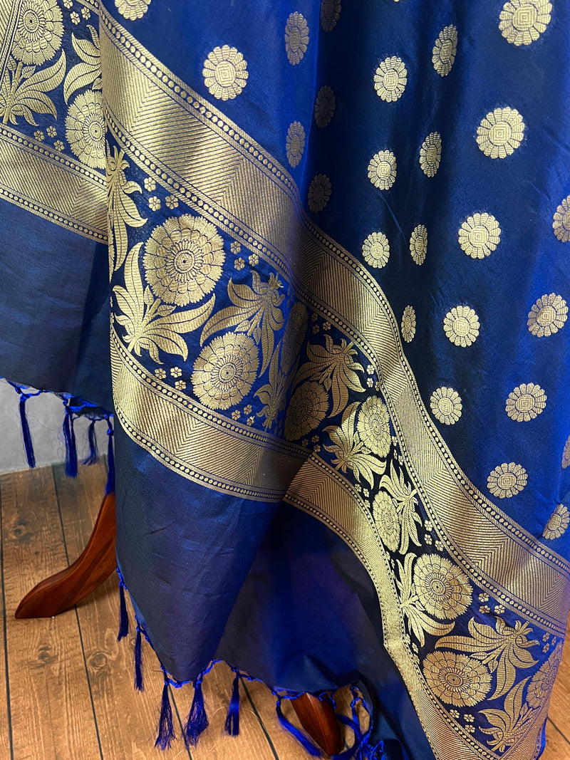 Blue Color Handmade Soft Silk Zari Weaved Dupatta with Chakras with Grand Flower Borders | Indian Dupatta | Gift For Her | Lehengas dupatta - Kaash Collection