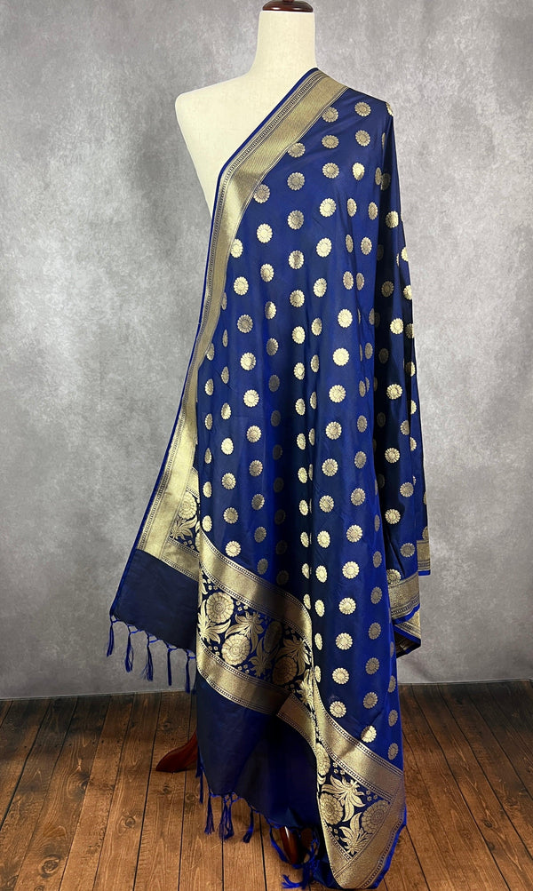 Blue Color Handmade Soft Silk Zari Weaved Dupatta with Chakras with Grand Flower Borders | Indian Dupatta | Gift For Her | Lehengas dupatta - Kaash Collection