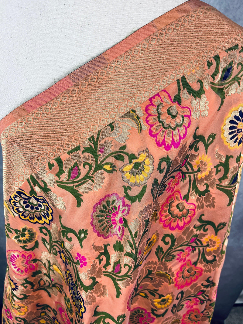 Light Peach Color Paithani Style Floral Semi Banarasi Silk Dupatta | Meenakari Work | Floral Dupatta | Benarasi Dupatta | Gift For Her - Kaash Collection