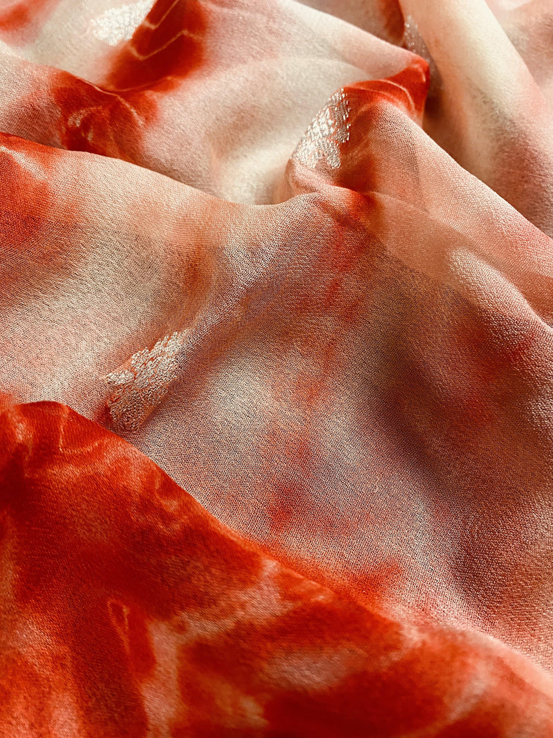 Red and Off White Pure Khaadi Georgette Silk with Sliver Zari in Shibori Design | SILK MARK CERTIFIED | Kaash Collection - Kaash Collection