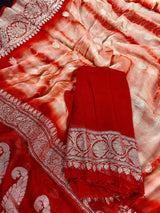 Red and Off White Pure Khaadi Georgette Silk with Sliver Zari in Shibori Design | SILK MARK CERTIFIED | Kaash Collection - Kaash Collection