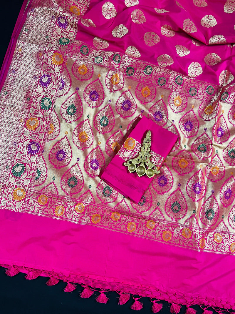Pink Color Traditional Banarasi Handloom Sari with Paithani Style Floral Borders with Meenakari Borders | Soft Silk Saree | Kaash Collection - Kaash Collection