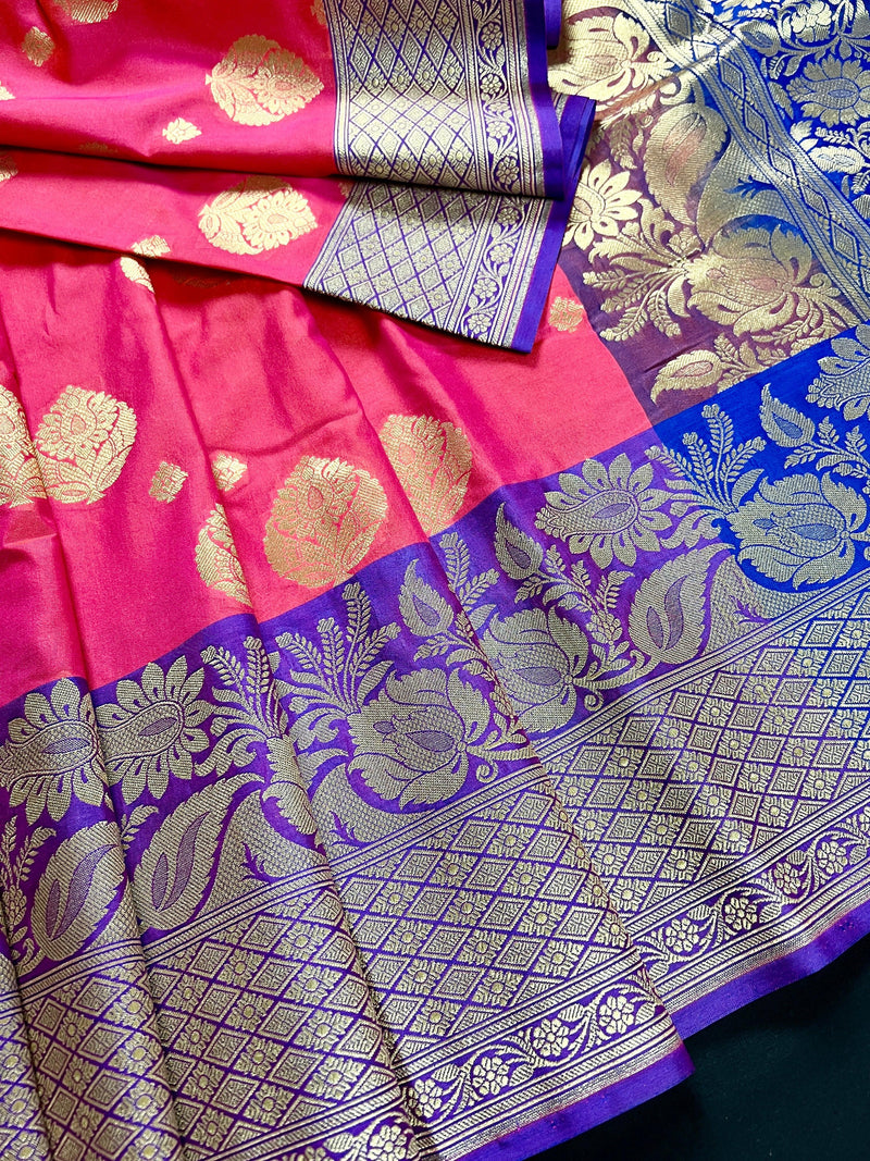 Pink with Blue Traditional Banarasi Handloom Saree | Floral Design | Soft Silk Saree | Banarasi Silk Saree | Kaash Collection - Kaash Collection