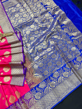 Pink with Blue Traditional Banarasi Handloom Saree | Floral Design | Soft Silk Saree | Banarasi Silk Saree | Kaash Collection - Kaash Collection
