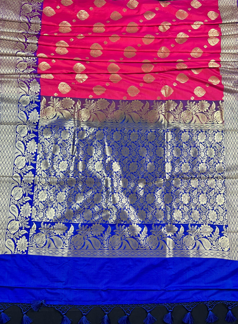 Pink with Blue Traditional Banarasi Handloom Saree | Floral Design | Soft Silk Saree | Banarasi Silk Saree | Kaash Collection - Kaash Collection