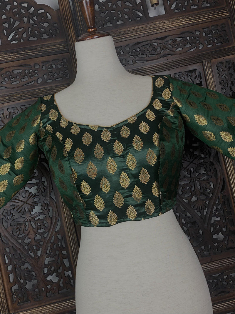 Bottle Green with Gold Buttis Pure Banarasi Ready to Wear Blouse | Size 36 | Size 40 | Readymade Blouses | Kaash Collection - Kaash Collection
