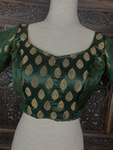 Bottle Green with Gold Buttis Pure Banarasi Ready to Wear Blouse | Size 36 | Size 40 | Readymade Blouses | Kaash Collection - Kaash Collection
