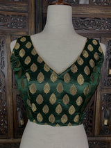 Bottle Green with Gold Buttis Pure Banarasi Ready to Wear Blouse Cut Sleeves Blouse | Size 36 | Readymade Blouses | Kaash Collection - Kaash Collection