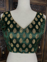 Bottle Green with Gold Buttis Pure Banarasi Ready to Wear Blouse Cut Sleeves Blouse | Size 36 | Readymade Blouses | Kaash Collection - Kaash Collection
