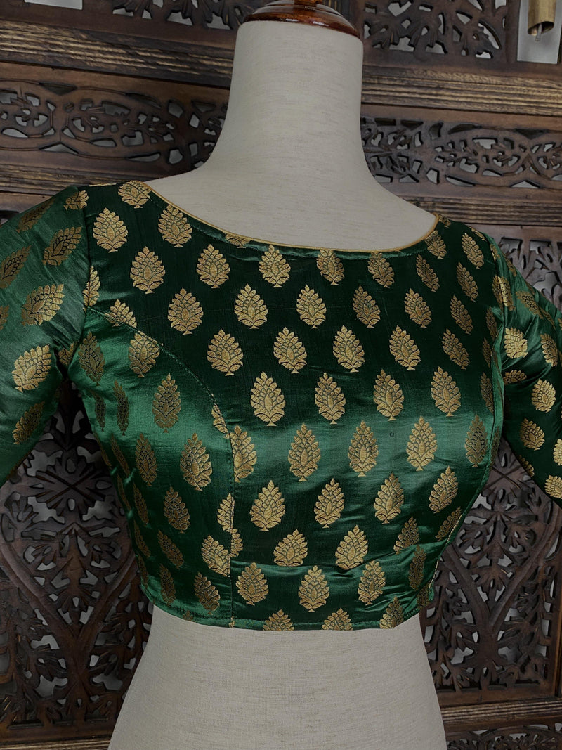 Boat Neck Bottle Green with Gold Buttis Pure Banarasi Ready to Wear Blouse | Size 36 | Size 40 | Readymade Blouses | Kaash Collection - Kaash Collection