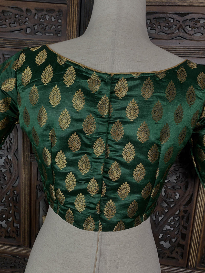 Boat Neck Bottle Green with Gold Buttis Pure Banarasi Ready to Wear Blouse | Size 36 | Size 40 | Readymade Blouses | Kaash Collection - Kaash Collection