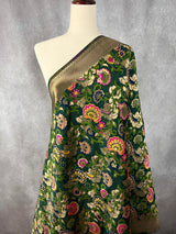 Bottle Green Paithani Style Floral Semi Banarasi Silk Dupatta | Grand Borders | Floral Dupatta | Benarasi Dupatta | Gift For Her | Kaash - Kaash Collection