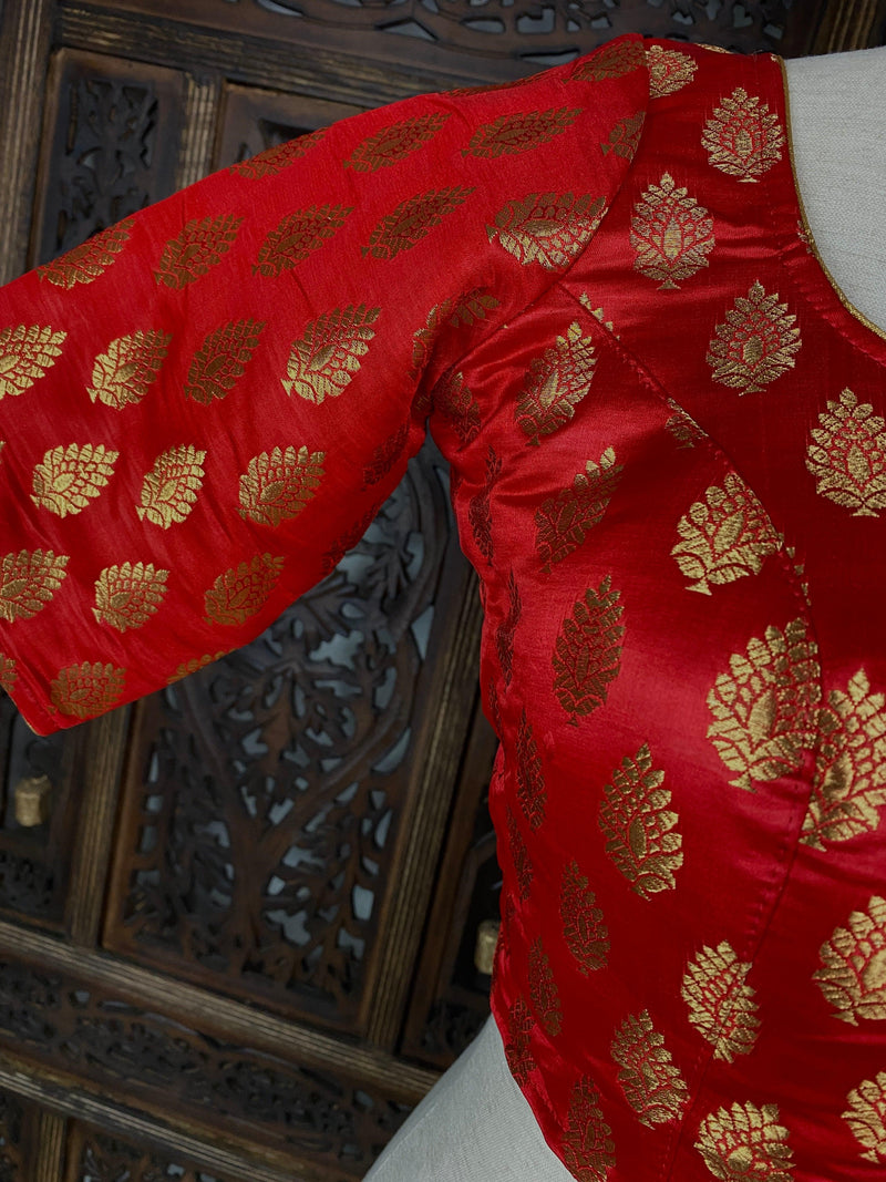 Readymade Red with Gold Buttis Pure Banarasi Silk Blouse | Size 38 | Ready to Wear Blouses | Stitched Blouses | Kaash Collection - Kaash Collection