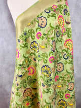Light Pista Green Color Paithani Style Floral Semi Banarasi Silk Dupatta | Grand Borders | Floral Dupatta | Benarasi Dupatta | Gift For Her - Kaash Collection