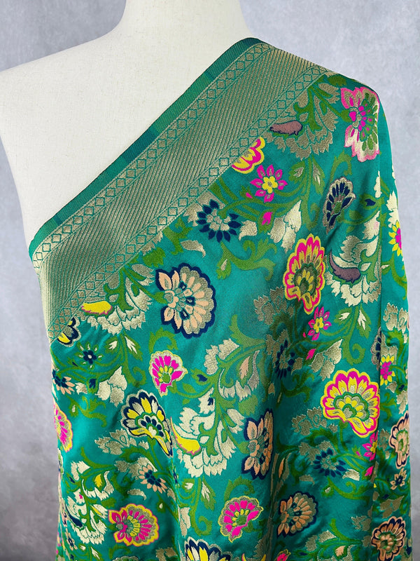Green Paithani Style Floral Semi Banarasi Silk Dupatta | Grand Borders | Floral Dupatta | Benarasi Dupatta | Gift For Her | Kaash Collection - Kaash Collection